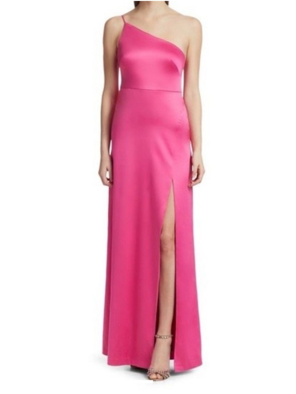 LIKELY Hot Pink Satin Asymmetrical Maxi Dress Size 6 Formal Slit